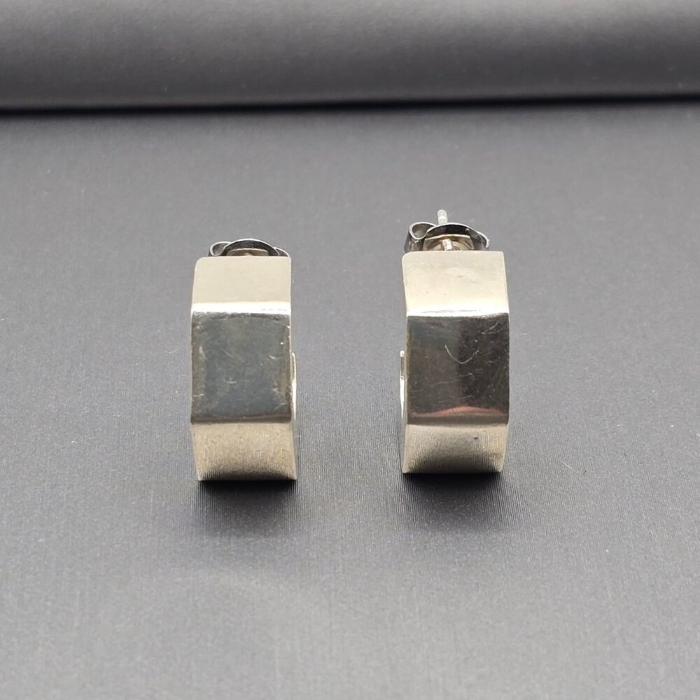 Sterling Silver Geometric C-Hoop Earrings Bold .75" Modern Hexagon Design - Picture 3 of 13